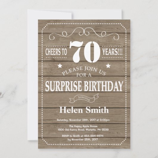 Rustic Surprise 70th Birthday Invitation Kaart (Voorkant)