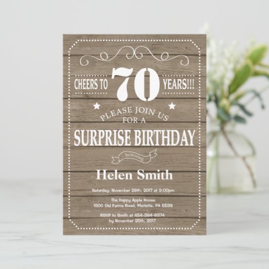 Rustic Surprise 70th Birthday Invitation Kaart (Staand voorkant)