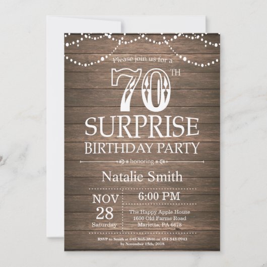 Rustic Surprise 70th Birthday Invitation Kaart (Voorkant)