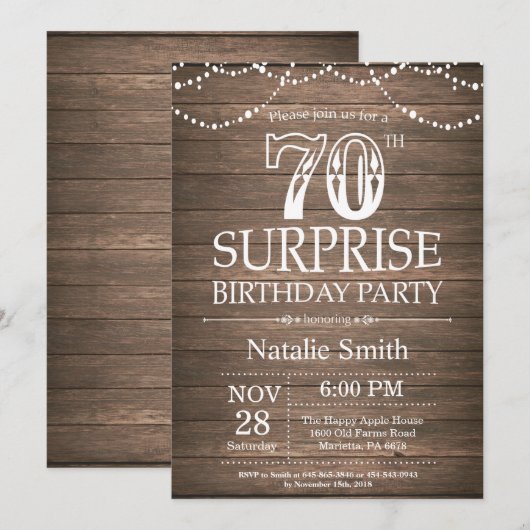 Rustic Surprise 70th Birthday Invitation Kaart (Voorkant / Achterkant)