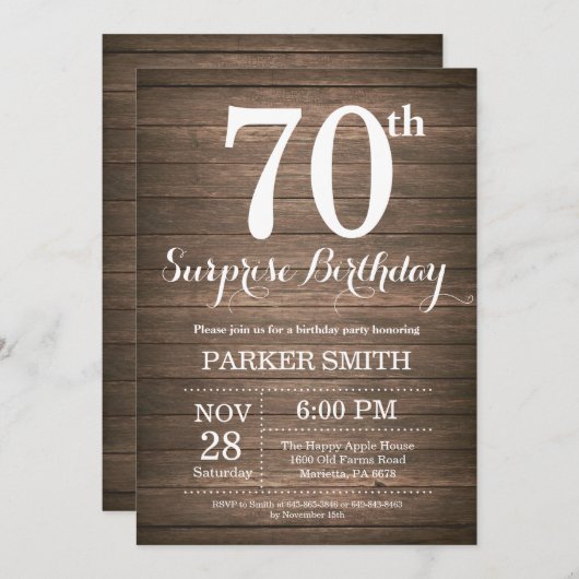 Rustic Surprise 70th Birthday Invitation Kaart (Voorkant / Achterkant)