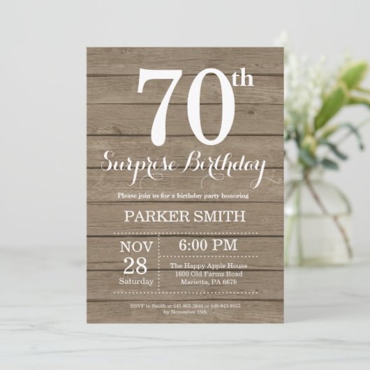 Rustic Surprise 70th Birthday Invitation Kaart (Staand voorkant)