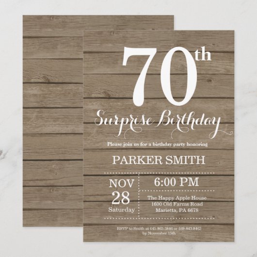 Rustic Surprise 70th Birthday Invitation Kaart (Voorkant / Achterkant)