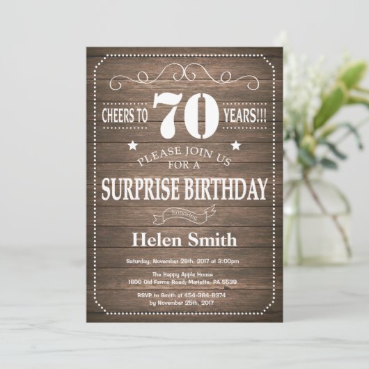 Rustic Surprise 70th Birthday Invitation Kaart (Staand voorkant)