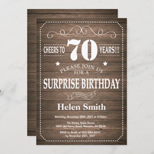 Rustic Surprise 70th Birthday Invitation Kaart (Voorkant / Achterkant)