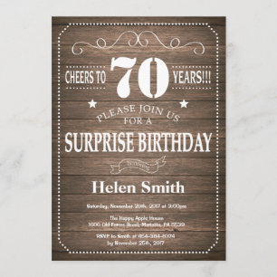 Rustic Surprise 70th Birthday Invitation Kaart