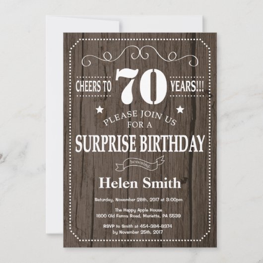Rustic Surprise 70th Birthday Invitation Kaart (Voorkant)