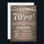 Rustic Surprise 70th Birthday Invitation Wood Kaart<br><div class="desc">Rustic Surprise 70th Birthday Invitation Wood Background with String Lights. 13e 15e 16e 18e 21e 30e 40e 50e 60e 70e 90e 100e, elke leeftijd. Volwassen verjaardag. Vrouw of Man Man Birthday Party. Voor verdere aanpassing, te klikken gelieve de knoop "van de Aanpassing het"en ons ontwerphulpmiddel te gebruiken om deze sjabloon...</div>