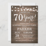 Rustic Surprise 70th Birthday Invitation Wood Kaart<br><div class="desc">Rustic Surprise 70th Birthday Invitation Wood Background with String Lights. 13e 15e 16e 18e 21e 30e 40e 50e 60e 70e 90e 100e, elke leeftijd. Volwassen verjaardag. Vrouw of Man Man Birthday Party. Voor verdere aanpassing, te klikken gelieve de knoop "van de Aanpassing het"en ons ontwerphulpmiddel te gebruiken om deze sjabloon...</div>