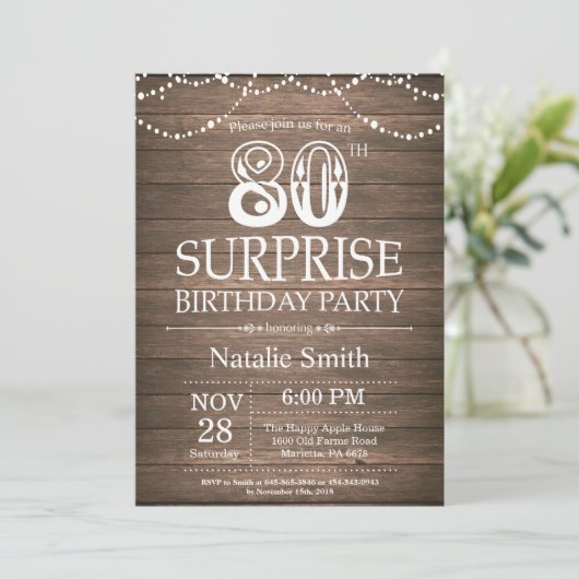 Rustic Surprise 80th Birthday Invitation Kaart (Staand voorkant)