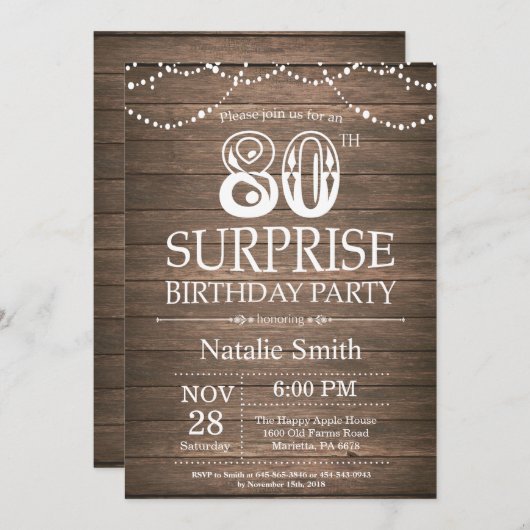 Rustic Surprise 80th Birthday Invitation Kaart (Voorkant / Achterkant)