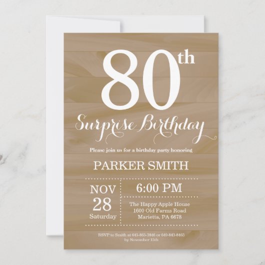 Rustic Surprise 80th Birthday Invitation Kaart (Voorkant)