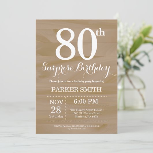 Rustic Surprise 80th Birthday Invitation Kaart (Staand voorkant)