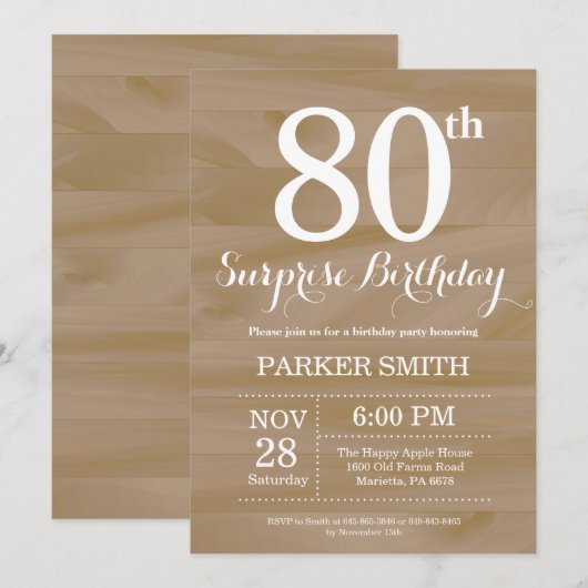 Rustic Surprise 80th Birthday Invitation Kaart (Voorkant / Achterkant)