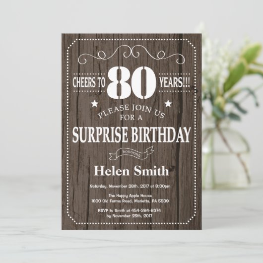 Rustic Surprise 80th Birthday Invitation Kaart (Staand voorkant)
