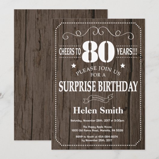 Rustic Surprise 80th Birthday Invitation Kaart (Voorkant / Achterkant)