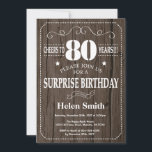 Rustic Surprise 80th Birthday Invitation Kaart<br><div class="desc">Rustic Surprise 80th Birthday Invitation. Witte Typografie. Rustic Wood Background Volwassen verjaardag. Mannelijke Mannen of vrouwen: Birthday. Kinder jongen of meisje Lady Teen Teenage Bday Invite. 13e 15e 16e 18e 21e 30e 40e 50e 60e 70e 80e 90e 100e. Elke leeftijd. Voor verdere aanpassing, te klikken gelieve de knoop "van de...</div>