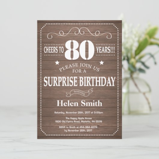 Rustic Surprise 80th Birthday Invitation Kaart (Staand voorkant)