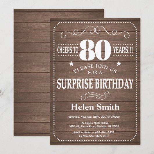 Rustic Surprise 80th Birthday Invitation Kaart (Voorkant / Achterkant)