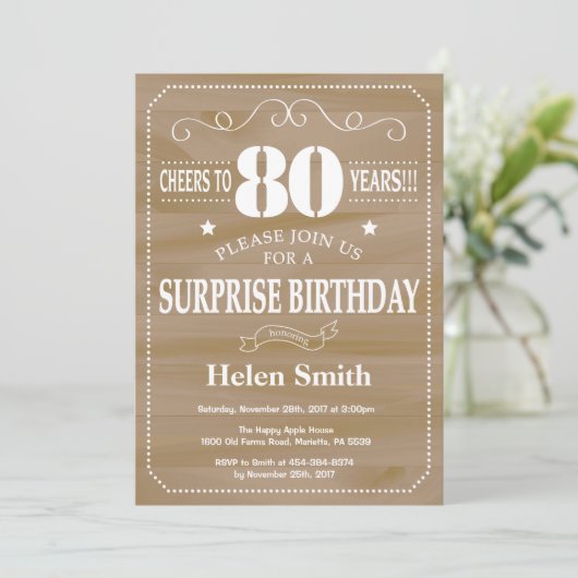 Rustic Surprise 80th Birthday Invitation Kaart (Staand voorkant)