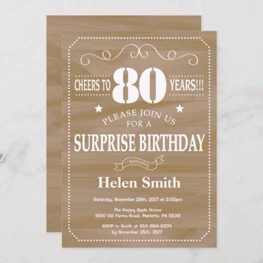 Rustic Surprise 80th Birthday Invitation Kaart (Voorkant / Achterkant)