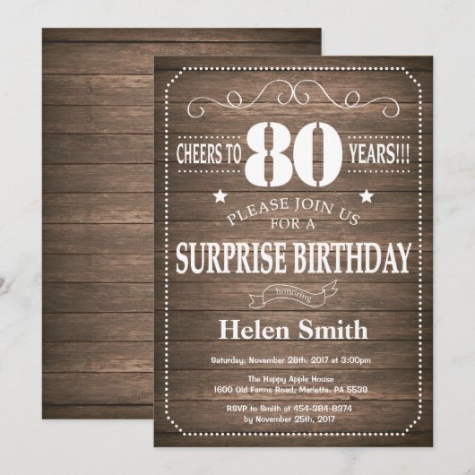 Rustic Surprise 80th Birthday Invitation Kaart (Voorkant / Achterkant)