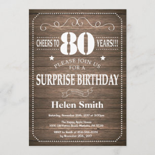 Rustic Surprise 80th Birthday Invitation Kaart