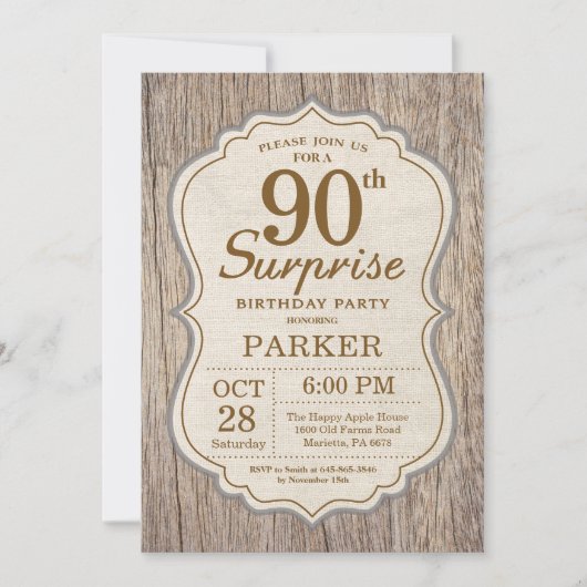 Rustic Surprise 90th Birthday Invitation Wood Kaart (Voorkant)