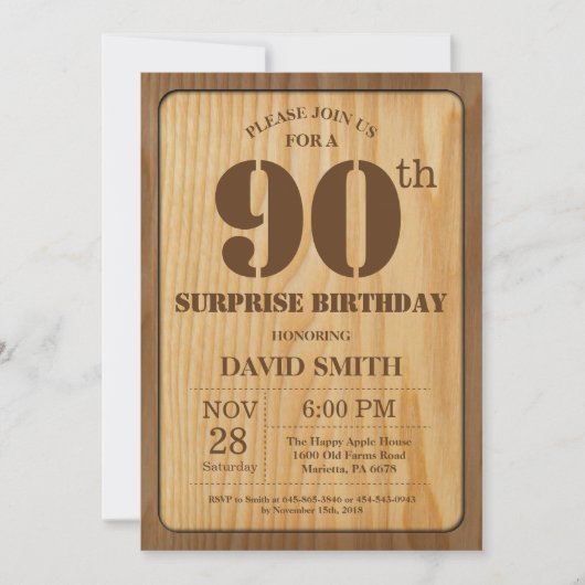 Rustic Surprise 90th Birthday Invitation Wood Kaart (Voorkant)