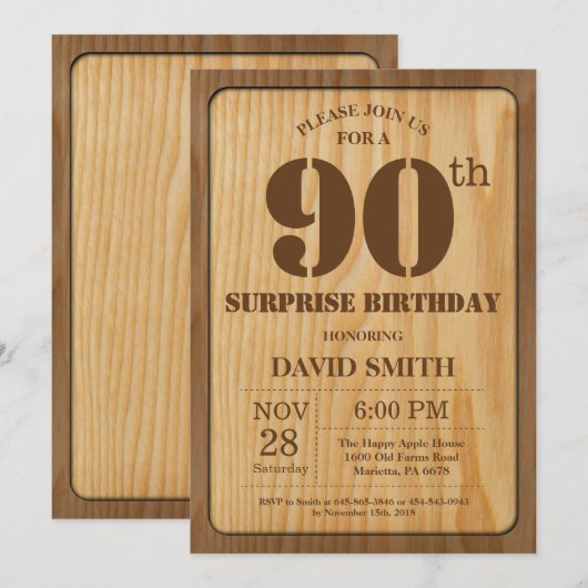 Rustic Surprise 90th Birthday Invitation Wood Kaart (Voorkant / Achterkant)