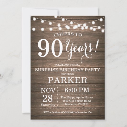 Rustic Surprise 90th Birthday Invitation Wood Kaart (Voorkant)