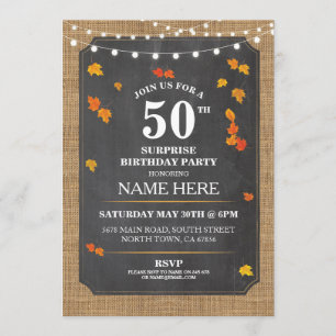 Rustic Surprise Birthday Herfst Party 50th Invite Kaart