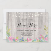 Rustic Surprise Birthday party Floral Pink Invite Kaart (Voorkant)