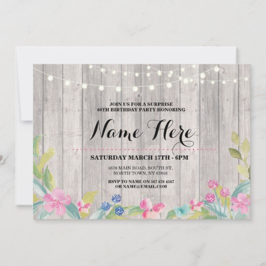 Rustic Surprise Birthday party Floral Pink Invite Kaart (Voorkant)
