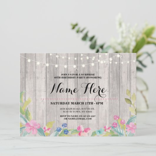 Rustic Surprise Birthday party Floral Pink Invite Kaart (Staand voorkant)