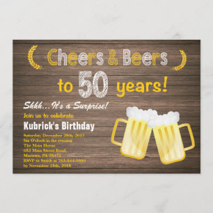 Rustic Surprise Cheers and Beers 50th Birthday Kaart