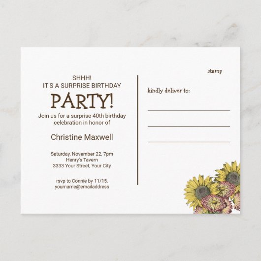 Rustic Surprise Zonnebloem 40ste Verjaardag Briefk Uitnodiging Briefkaart (Achterkant)