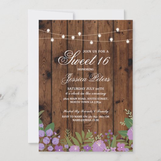 Rustic Sweet 16 Birthday Party Floral Wood Invite Kaart (Voorkant)