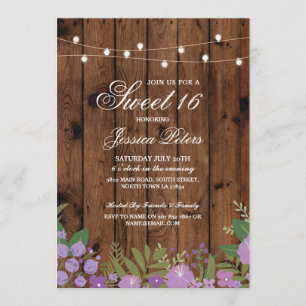 Rustic Sweet 16 Birthday Party Floral Wood Invite Kaart