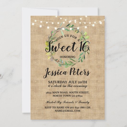 Rustic Sweet 16 Party Burlap Green Wreath Invite Kaart (Voorkant)