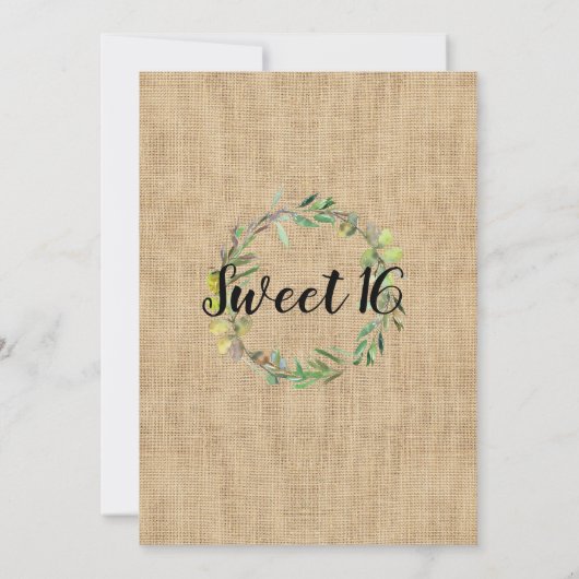 Rustic Sweet 16 Party Burlap Green Wreath Invite Kaart (Achterkant)
