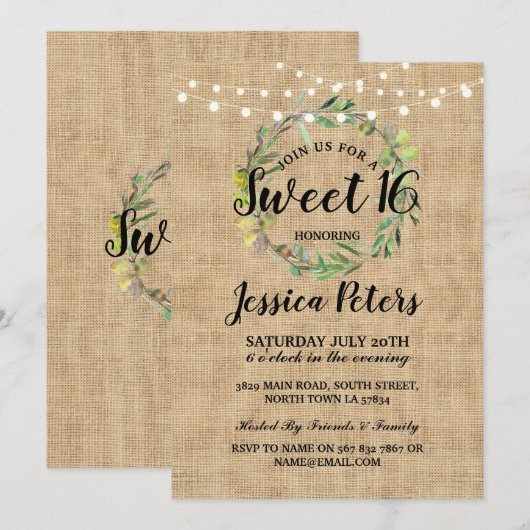 Rustic Sweet 16 Party Burlap Green Wreath Invite Kaart (Voorkant / Achterkant)