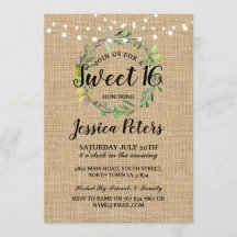 Rustic Sweet 16 Party Burlap Green Wreath Invite