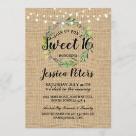 Rustic Sweet 16 Party Burlap Green Wreath Invite Kaart