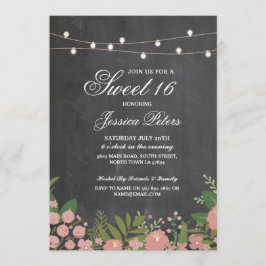 Rustic Sweet 16 Party Coral Floral Chalk Invite Kaart
