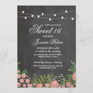Rustic Sweet 16 Party Coral Floral Chalk Invite Kaart