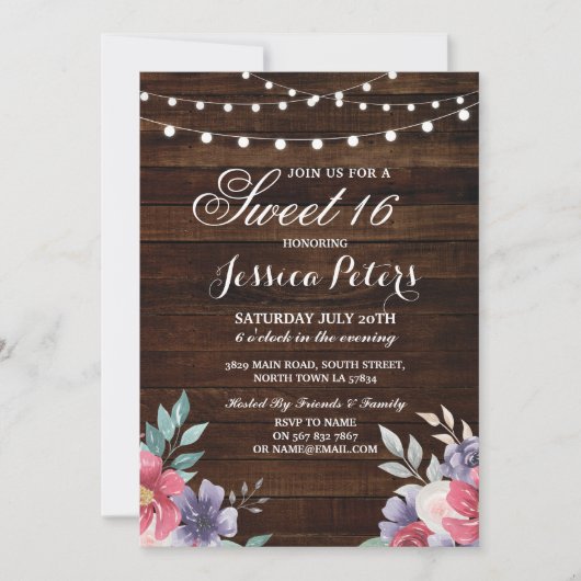 Rustic Sweet 16 Party Floral Pink Flower Invite Kaart (Voorkant)
