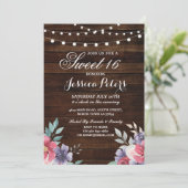 Rustic Sweet 16 Party Floral Pink Flower Invite Kaart (Staand voorkant)