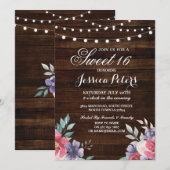 Rustic Sweet 16 Party Floral Pink Flower Invite Kaart (Voorkant / Achterkant)