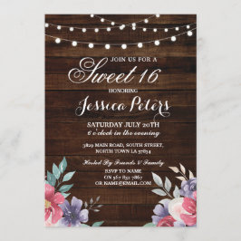 Rustic Sweet 16 Party Floral Pink Flower Invite Kaart